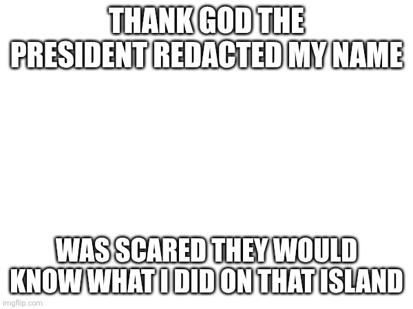 THANK GOD THE PRESIDENT REDACTED MY NAME; WAS SCARED THEY WOULD KNOW WHAT I DID ON THAT ISLAND | made w/ Imgflip meme maker