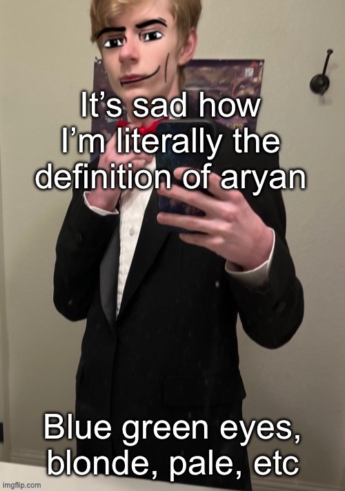 Guys I’m not femboy Hitler I swear | It’s sad how I’m literally the definition of aryan; Blue green eyes, blonde, pale, etc | image tagged in virian man face 4 | made w/ Imgflip meme maker