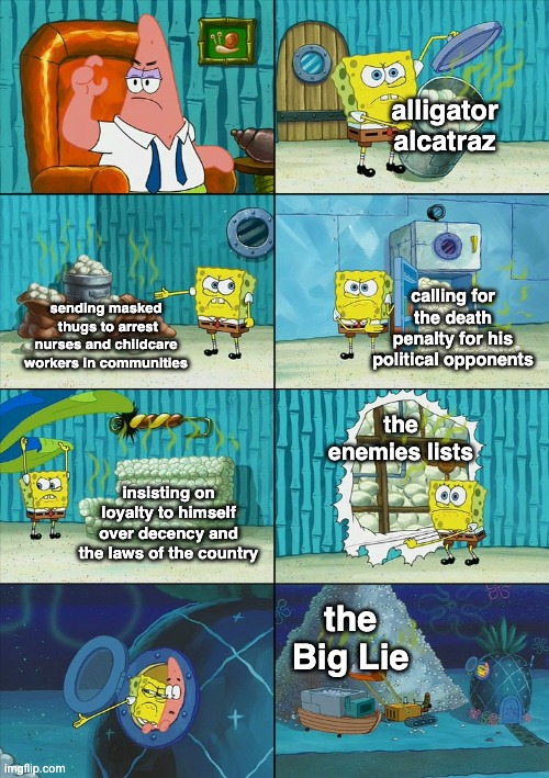 Spongebob shows Patrick Garbage | alligator alcatraz sending masked  thugs to arrest nurses and childcare workers in communities calling for the death penalty for his politic | image tagged in spongebob shows patrick garbage | made w/ Imgflip meme maker