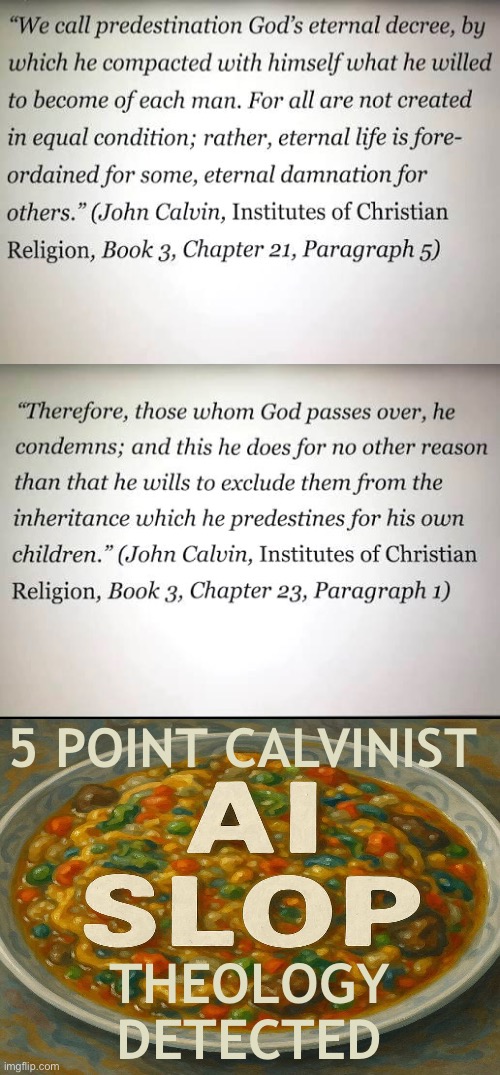 AI Slop Theology | 5 POINT CALVINIST; THEOLOGY DETECTED | image tagged in calvinism,calvinist memes,ai slop theology,anti calvinism,reformed theology,fiend dogma | made w/ Imgflip meme maker