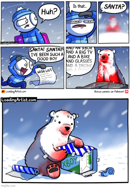 image tagged in christmas,blind,santa claus,polar bear,blood,xbox | made w/ Imgflip meme maker