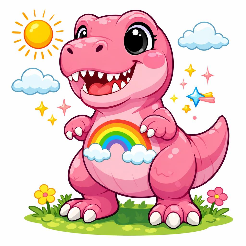 Carnation-pink T-Rex with bright rainbows on its chest Blank Meme Template