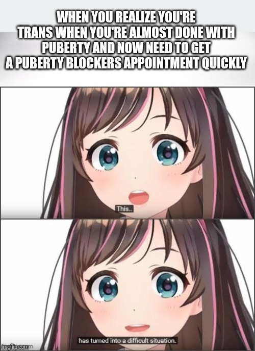 Day 33 of making a meme from a random template | WHEN YOU REALIZE YOU'RE TRANS WHEN YOU'RE ALMOST DONE WITH PUBERTY AND NOW NEED TO GET A PUBERTY BLOCKERS APPOINTMENT QUICKLY | image tagged in this has turned into a difficult situation,transgender | made w/ Imgflip meme maker