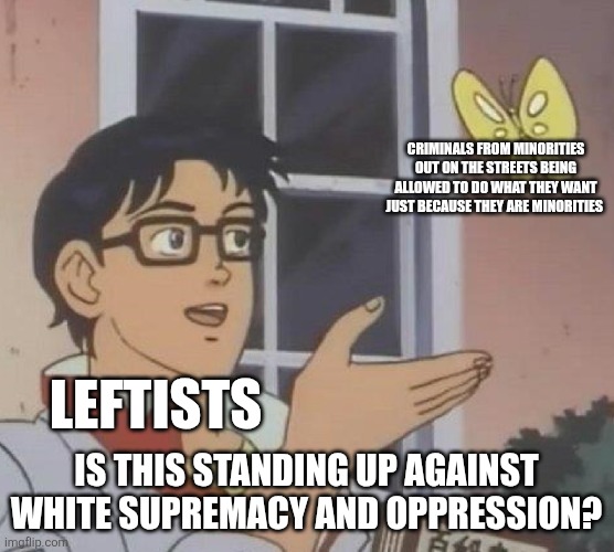 Don't Worry about the criminals, they're just standing up to their white oppressors! | CRIMINALS FROM MINORITIES OUT ON THE STREETS BEING ALLOWED TO DO WHAT THEY WANT JUST BECAUSE THEY ARE MINORITIES; LEFTISTS; IS THIS STANDING UP AGAINST WHITE SUPREMACY AND OPPRESSION? | image tagged in memes,is this a pigeon | made w/ Imgflip meme maker