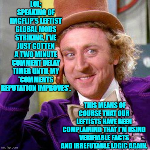 Yes, this really did just happen. | LOL; SPEAKING OF IMGFLIP'S LEFTIST GLOBAL MODS STRIKING, I'VE JUST GOTTEN A TWO MINUTE COMMENT DELAY TIMER UNTIL MY 'COMMENTS REPUTATION IMPROVES'. THIS MEANS OF COURSE THAT OUR LEFTISTS HAVE BEEN COMPLAINING THAT I'M USING VERIFIABLE FACTS AND IRREFUTABLE LOGIC AGAIN. | image tagged in willy wonka blank | made w/ Imgflip meme maker