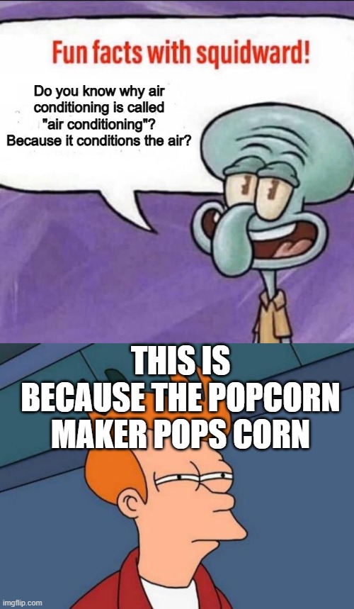 the smartest meme that exists | Do you know why air conditioning is called "air conditioning"? Because it conditions the air? THIS IS BECAUSE THE POPCORN MAKER POPS CORN | image tagged in fun facts with squidward,memes,futurama fry,genius | made w/ Imgflip meme maker