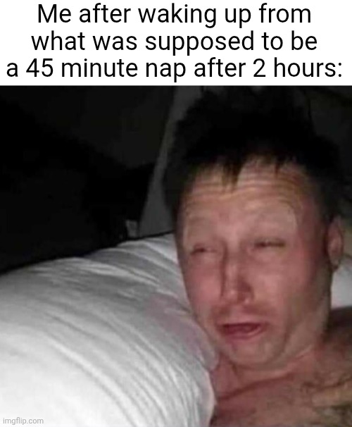 this actually happened to me right now | Me after waking up from what was supposed to be a 45 minute nap after 2 hours: | image tagged in sleepy guy,nap,funny | made w/ Imgflip meme maker