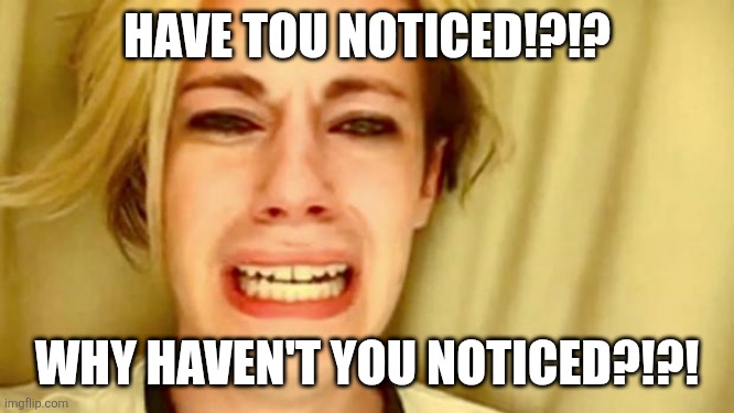 Leave Brittany Alone | HAVE TOU NOTICED!?!? WHY HAVEN'T YOU NOTICED?!?! | image tagged in leave brittany alone | made w/ Imgflip meme maker