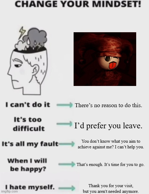 Change Your Mindset | There’s no reason to do this. I’d prefer you leave. You don’t know what you aim to achieve against me? I can’t help you. That’s enough. It’s time for you to go. Thank you for your visit, but you aren't needed anymore. | image tagged in change your mindset,regretevator,slimyim | made w/ Imgflip meme maker