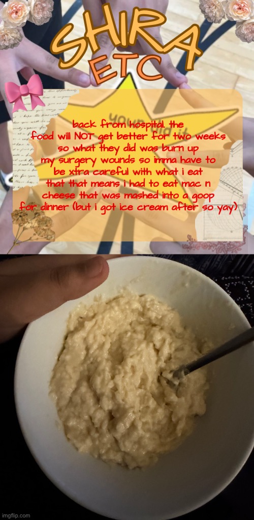 legit couldn’t finish my ‘dinner’ | back from hospital. the food will NOT get better for two weeks
so what they did was burn up my surgery wounds so imma have to be xtra careful with what i eat
that that means i had to eat mac n cheese that was mashed into a goop for dinner (but i got ice cream after so yay) | image tagged in shira s best temp | made w/ Imgflip meme maker