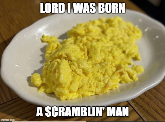 Scramblin' Man | LORD I WAS BORN; A SCRAMBLIN' MAN | image tagged in eggs,green eggs and ham | made w/ Imgflip meme maker