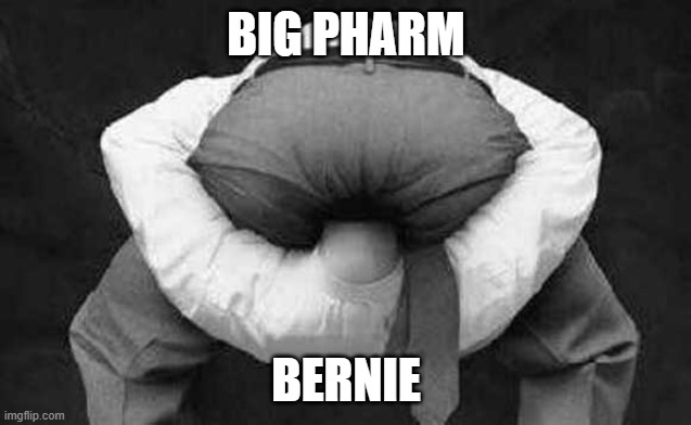 BIG PHARM BERNIE | image tagged in head up ass | made w/ Imgflip meme maker