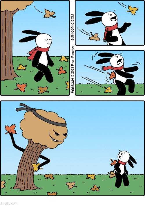 Buni Comics | image tagged in comics,buni comics,tree,leaves,vicious,stuck | made w/ Imgflip meme maker