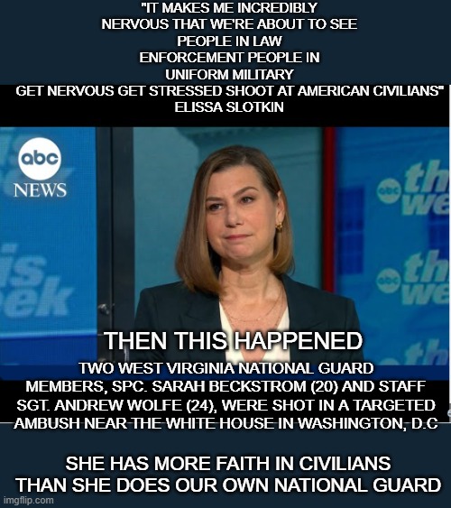 slotkin | "IT MAKES ME INCREDIBLY NERVOUS THAT WE'RE ABOUT TO SEE
PEOPLE IN LAW ENFORCEMENT PEOPLE IN UNIFORM MILITARY
GET NERVOUS GET STRESSED SHOOT AT AMERICAN CIVILIANS"
ELISSA SLOTKIN; THEN THIS HAPPENED; TWO WEST VIRGINIA NATIONAL GUARD MEMBERS, SPC. SARAH BECKSTROM (20) AND STAFF SGT. ANDREW WOLFE (24), WERE SHOT IN A TARGETED AMBUSH NEAR THE WHITE HOUSE IN WASHINGTON, D.C; SHE HAS MORE FAITH IN CIVILIANS THAN SHE DOES OUR OWN NATIONAL GUARD | made w/ Imgflip meme maker