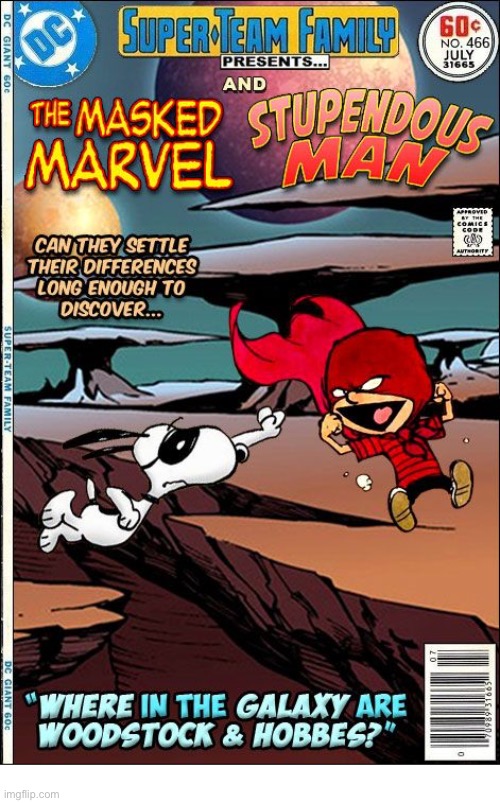 Calvin & Hobbes meets Peanuts… | image tagged in comics,mashup,calvin and hobbes,peanuts,stupendous man,masked marvel | made w/ Imgflip meme maker