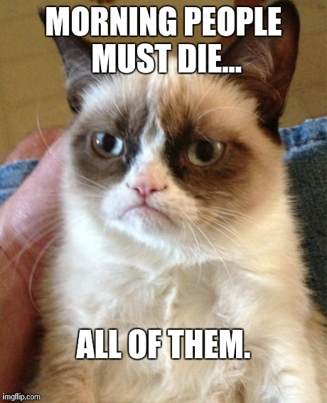 Grumpy Cat Meme | MORNING PEOPLE MUST DIE... ALL OF THEM. | image tagged in memes,grumpy cat | made w/ Imgflip meme maker