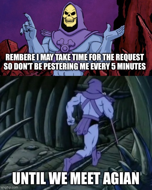 Skeletor until we meet again | REMBERE I MAY TAKE TIME FOR THE REQUEST SO DON'T BE PESTERING ME EVERY 5 MINUTES; UNTIL WE MEET AGIAN | image tagged in skeletor until we meet again | made w/ Imgflip meme maker