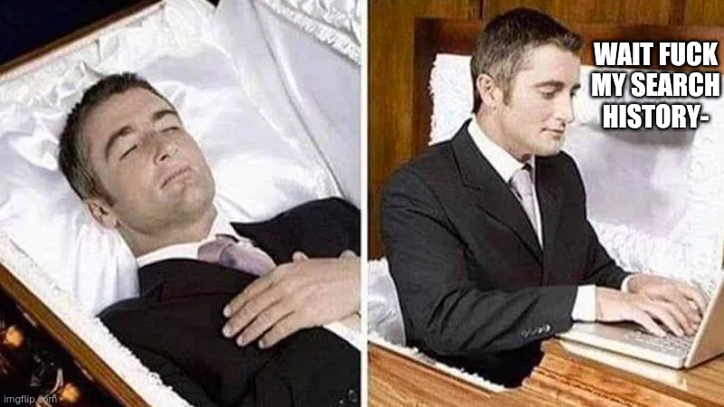 Noone will find my pay gorn | WAIT FUCK MY SEARCH HISTORY- | image tagged in deceased man in coffin typing | made w/ Imgflip meme maker