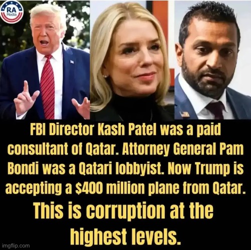 Corruption at the top | image tagged in patel bondi trump | made w/ Imgflip meme maker
