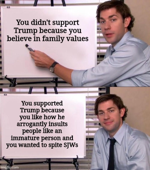 Donald Trump was never an upholder of family values | You didn't support Trump because you believe in family values; You supported Trump because you like how he arrogantly insults people like an immature person and you wanted to spite SJWs | image tagged in jim halpert explains,donald trump,conservatives | made w/ Imgflip meme maker