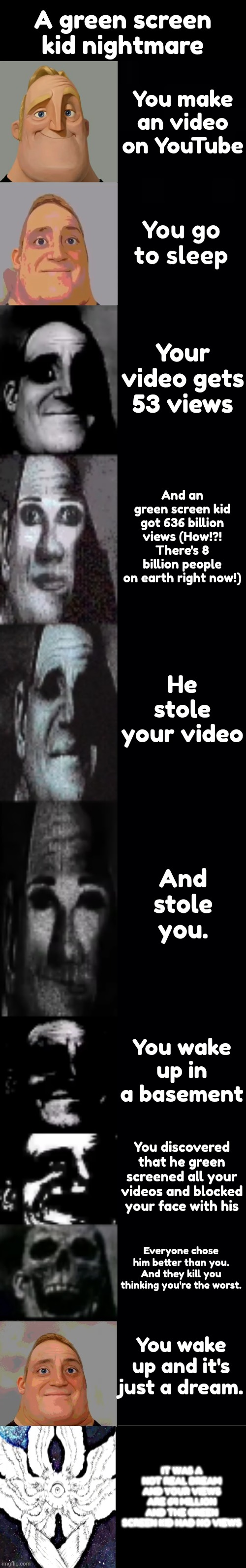 The end is the best | A green screen kid nightmare; You make an video on YouTube; You go to sleep; Your video gets 53 views; And an green screen kid got 636 billion views (How!?! There's 8 billion people on earth right now!); He stole your video; And stole you. You wake up in a basement; You discovered that he green screened all your videos and blocked your face with his; Everyone chose him better than you. And they kill you thinking you're the worst. You wake up and it's just a dream. IT WAS A NOT REAL DREAM AND YOUR VIEWS ARE 64 MILLION AND THE GREEN SCREEN KID HAD NO VIEWS | image tagged in mr incredible becoming uncanny,green screen | made w/ Imgflip meme maker
