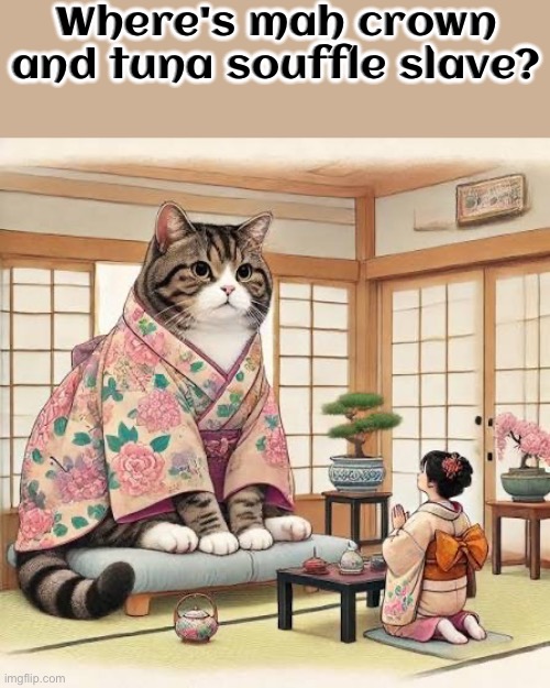 Mah Tuna Souffle | Where's mah crown and tuna souffle slave? | image tagged in cats,funny cats,worship,superior royalty,malignant narcissism,entitlement | made w/ Imgflip meme maker