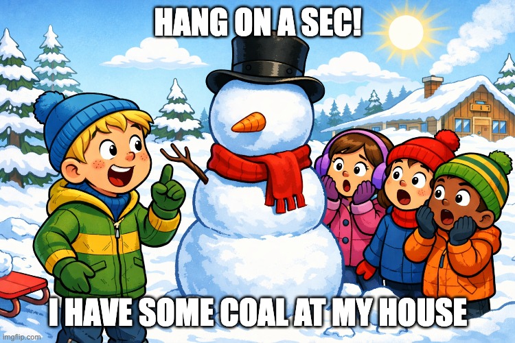 It's Christmas day | HANG ON A SEC! I HAVE SOME COAL AT MY HOUSE | image tagged in funny,surprise,coal,christmas,snowman | made w/ Imgflip meme maker