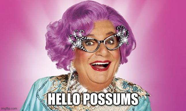 Hello from the Grand Dame | HELLO POSSUMS | image tagged in dame edna | made w/ Imgflip meme maker