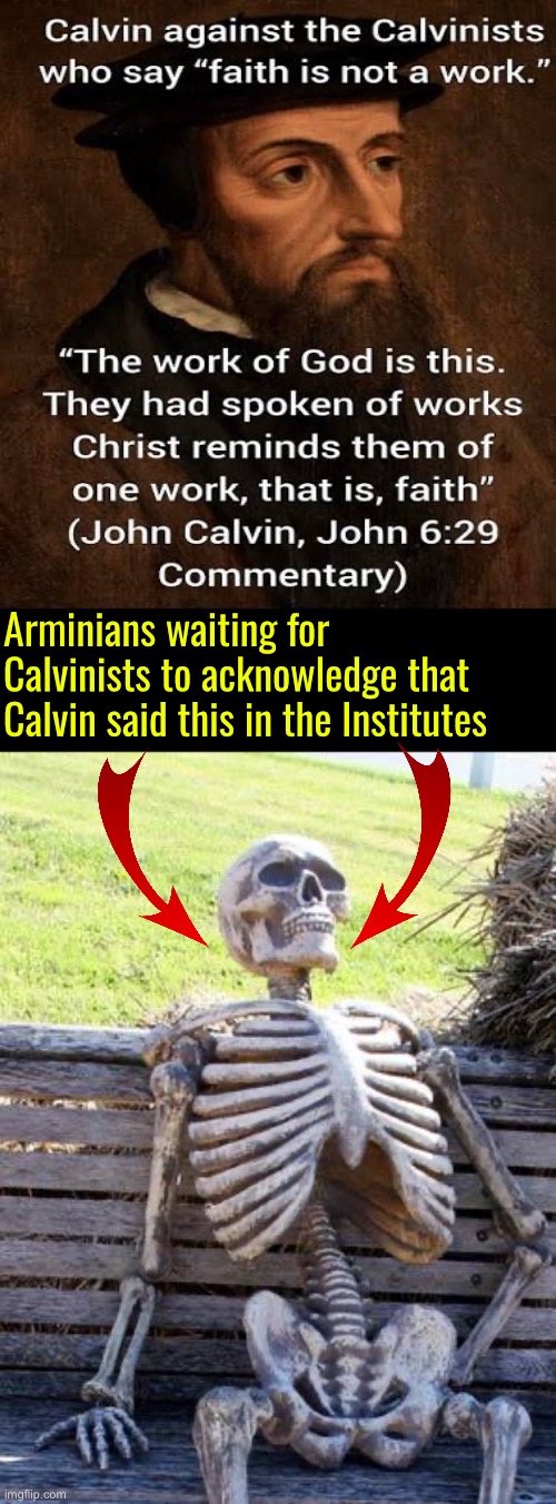 They'll never acknowledge it. They prefer Beza's TULIP crap | Arminians waiting for Calvinists to acknowledge that Calvin said this in the Institutes | image tagged in waiting skeleton,calvinism,calvinist memes,anti calvinism,reformed theology,they prefer tulip | made w/ Imgflip meme maker
