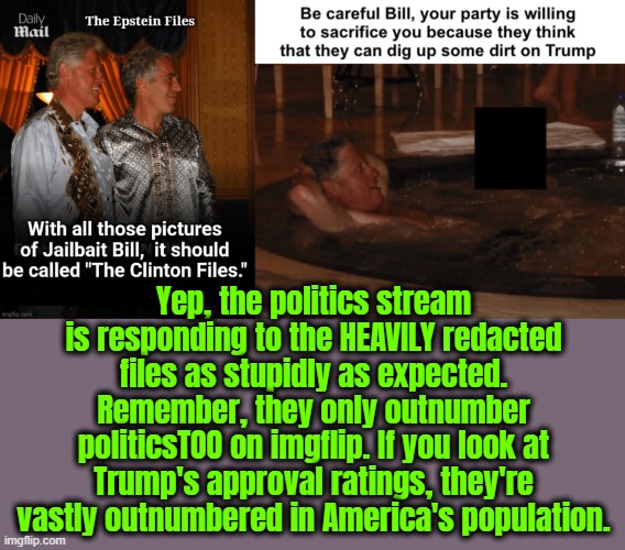 they're full of s*** | Yep, the politics stream is responding to the HEAVILY redacted files as stupidly as expected.
Remember, they only outnumber politicsTOO on imgflip. If you look at Trump's approval ratings, they're vastly outnumbered in America's population. | image tagged in politics,epstein,donald trump,bill clinton,jeffrey epstein,stupid | made w/ Imgflip meme maker