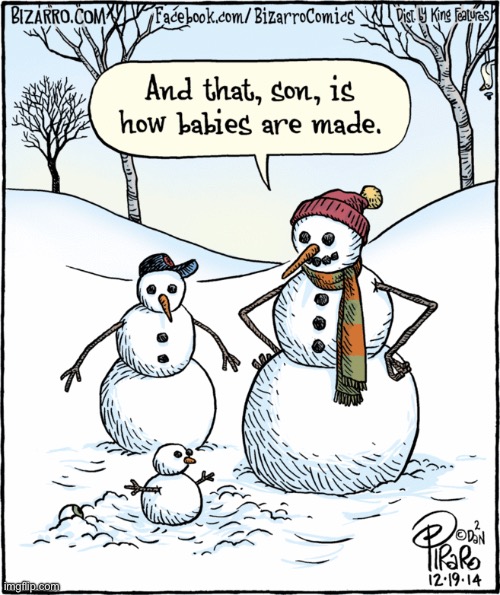 Snowman “facts of life”… | image tagged in repost,comics,bizarro comics,snowmen,baby,facts of life | made w/ Imgflip meme maker