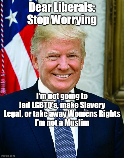 Dear Liberals:
Stop Worrying; I'm not going to Jail LGBTQ's, make Slavery Legal, or take away Womens Rights
I'm not a Muslim | made w/ Imgflip meme maker