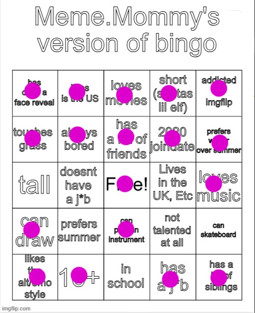doing my own bingo ;p | image tagged in meme mommy bingo hehehe | made w/ Imgflip meme maker