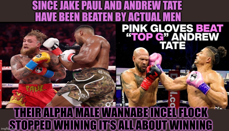 And just like that being an 'alpha male' stopped being about winning | SINCE JAKE PAUL AND ANDREW TATE 
HAVE BEEN BEATEN BY ACTUAL MEN; THEIR ALPHA MALE WANNABE INCEL FLOCK 
STOPPED WHINING IT'S ALL ABOUT WINNING | image tagged in andrew tate,jake paul,alpha,alpha male,winning,boxing | made w/ Imgflip meme maker