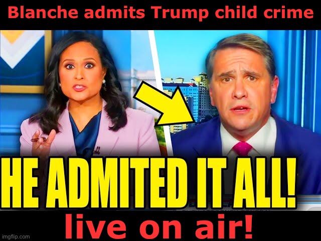 https://m.youtube.com/watch?v=rnXaZAgELy4&pp=ugUHEgVlbi1VUw%3D%3D | Blanche admits Trump child crime; live on air! | image tagged in admission live | made w/ Imgflip meme maker