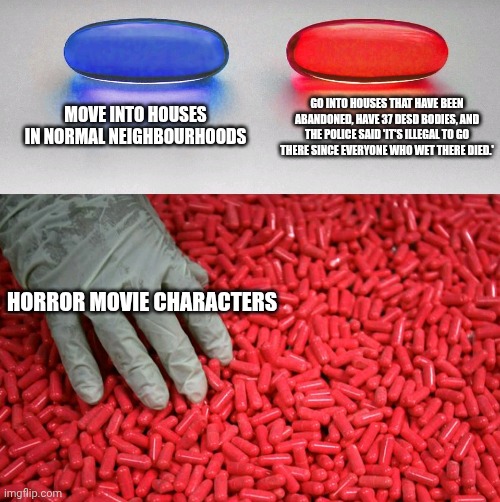 Blue or red pill | MOVE INTO HOUSES IN NORMAL NEIGHBOURHOODS GO INTO HOUSES THAT HAVE BEEN ABANDONED, HAVE 37 DESD BODIES, AND THE POLICE SAID 'IT'S ILLEGAL TO | image tagged in blue or red pill | made w/ Imgflip meme maker