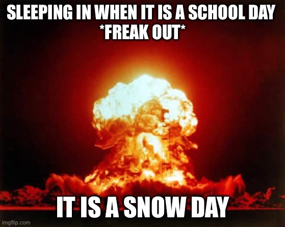 Random every gamers dream | SLEEPING IN WHEN IT IS A SCHOOL DAY 
*FREAK OUT*; IT IS A SNOW DAY | image tagged in memes,nuclear explosion | made w/ Imgflip meme maker