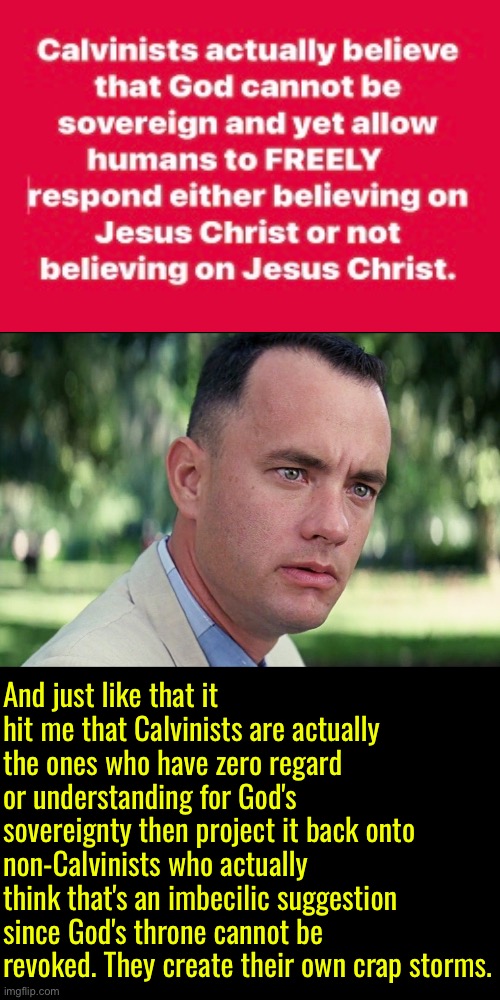 They wallow in vomit but only notice when others do it. HYPOCRITES! | And just like that it hit me that Calvinists are actually the ones who have zero regard or understanding for God's sovereignty then project it back onto non-Calvinists who actually think that's an imbecilic suggestion since God's throne cannot be revoked. They create their own crap storms. | image tagged in and just like that,calvinism,calvinist memes,hypocrites,anti calvinism,malignant narcissism | made w/ Imgflip meme maker