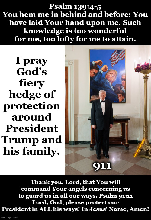 Psalm 139:4-5 | Psalm 139:4-5
You hem me in behind and before; You have laid Your hand upon me. Such knowledge is too wonderful for me, too lofty for me to attain. I pray God's fiery hedge of protection around President Trump and his family. @SongofGrace @OneJoyfulNoise; 911; Thank you, Lord, that You will command Your angels concerning us to guard us in all our ways. Psalm 91:11
Lord, God, please protect our President in ALL his ways! In Jesus' Name, Amen! | image tagged in pray for trump | made w/ Imgflip meme maker