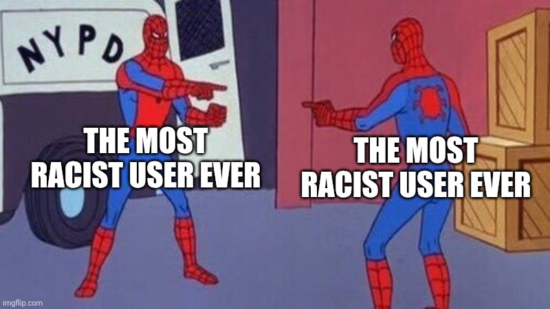 spiderman pointing at spiderman | THE MOST RACIST USER EVER THE MOST RACIST USER EVER | image tagged in spiderman pointing at spiderman | made w/ Imgflip meme maker