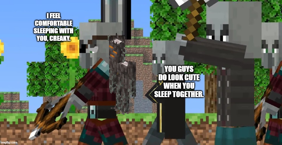 Pillager Patrol | I FEEL COMFORTABLE SLEEPING WITH YOU, CREAKY. YOU GUYS DO LOOK CUTE WHEN YOU SLEEP TOGETHER. | image tagged in pillager patrol | made w/ Imgflip meme maker