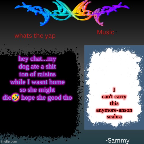 sam's shit temp | hey chat...my dog ate a shit ton of raisins while I wasnt home so she might die🤣 hope she good tho; I can't carry this anymore-anson seabra | image tagged in sam's shit temp | made w/ Imgflip meme maker