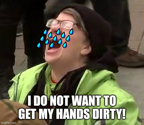 Crying liberal | I DO NOT WANT TO GET MY HANDS DIRTY! | image tagged in crying liberal | made w/ Imgflip meme maker