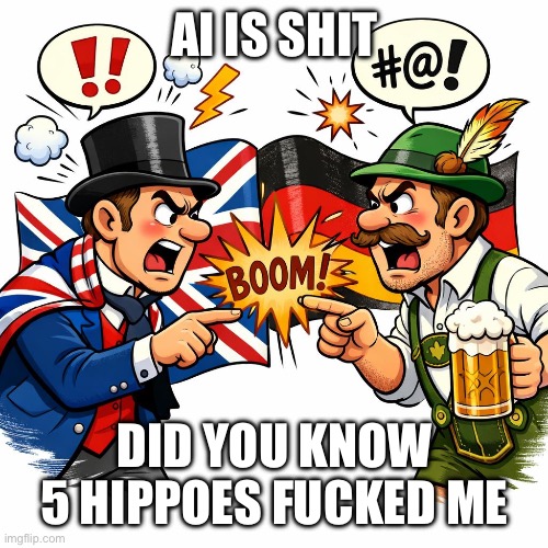 AI IS SHIT; DID YOU KNOW 5 HIPPOES FUCKED ME | image tagged in hippo,ai,german,british,shitpost | made w/ Imgflip meme maker