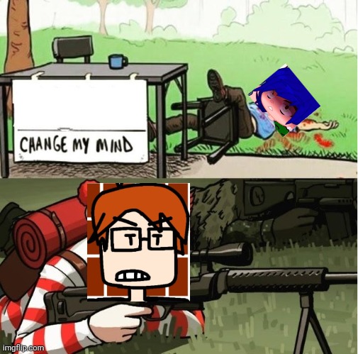 WALDO SHOOTS THE CHANGE MY MIND GUY | image tagged in waldo shoots the change my mind guy | made w/ Imgflip meme maker