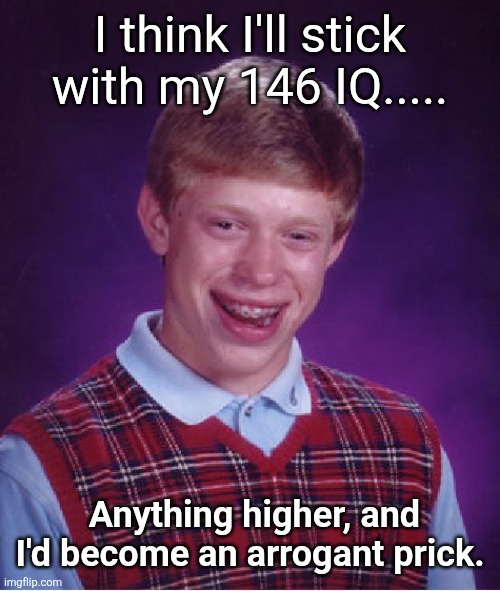 This Guys a Genius | I think I'll stick with my 146 IQ..... Anything higher, and I'd become an arrogant prick. | image tagged in memes,bad luck brian,sometimes my genius is it's almost frightening | made w/ Imgflip meme maker