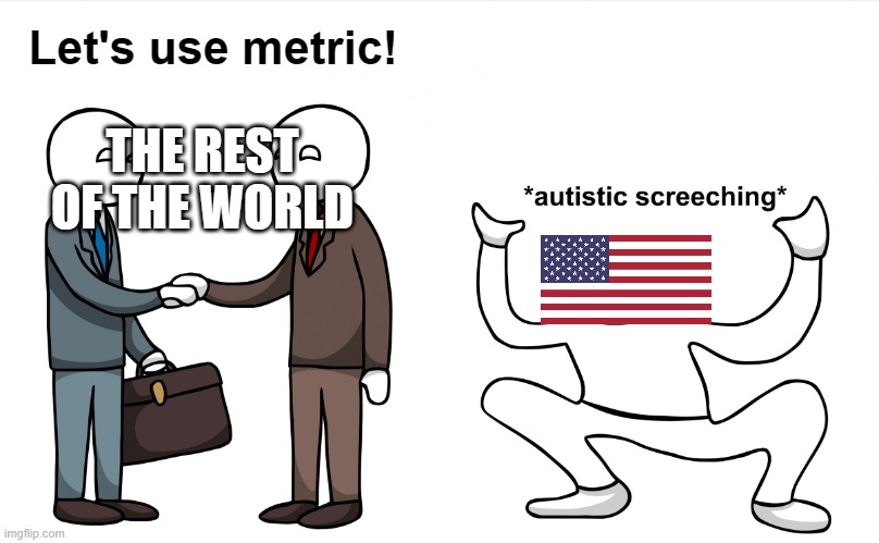 As an American I do wonder why we use the Imperial System... | Let's use metric! THE REST OF THE WORLD | image tagged in autistic screeching,usa,united states,united states of america,metric,imperial | made w/ Imgflip meme maker