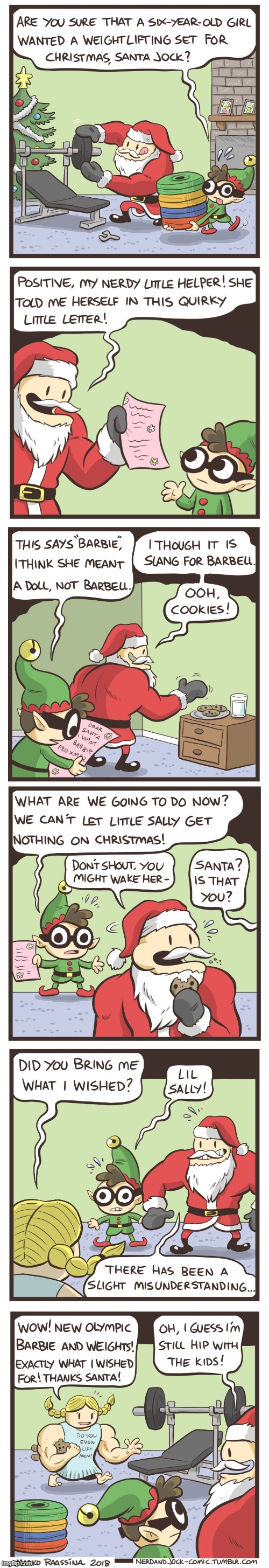 image tagged in nerd,jock,santa claus,elf,gym,christmas | made w/ Imgflip meme maker