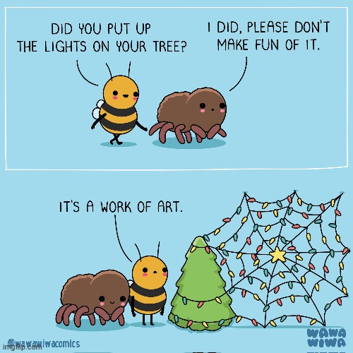 image tagged in bee,spider,lights,christmas lights,spiderweb,christmas | made w/ Imgflip meme maker