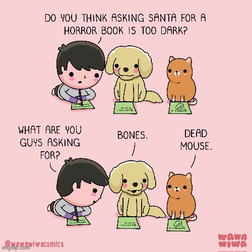 image tagged in christmas,wish list,dog,cat,horror,book | made w/ Imgflip meme maker